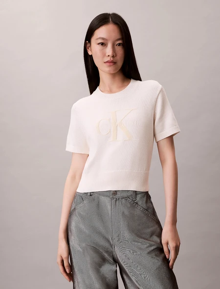 Calvin Klein Kalın Pamuklu Grafikli Süveter Kadın Beyaz Triko LV044E306G-YBH ürün görseli 1