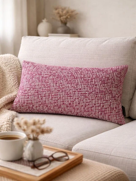 Fuşya & Krem Dokuma Kırlent 35 x 50 , Modern Keten Dokulu Dekoratif Kılıf ürün görseli 1
