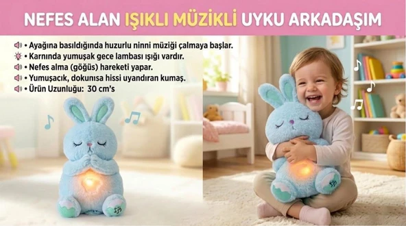 Nefes Alan Işıklı Müzikli Uyku Arkadaşı Tavşan 30 cm Ninni Söyleyen Göğsü Hareketli Uyku Oyuncağı ürün görseli 1