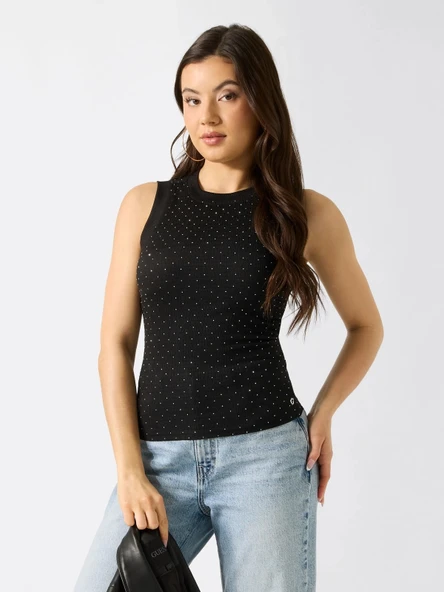 Guess Kolsuz Francine Büzgülü Taş İşlemeli Kadın Siyah  Bluz W6GP14K2940-JBLK ürün görseli 1