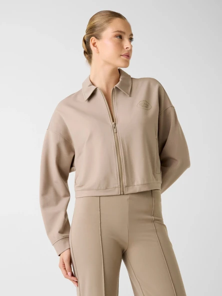 Guess Annie Kısa Tam Fermuarlı Kadın Bej Eşofman Üstü V6RQ17KD822-G1O3 ürün görseli 1