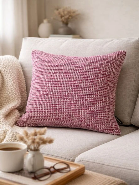 Fuşya & Krem Dokuma Kırlent 43 x 43, Modern Keten Dokulu Dekoratif Kılıf ürün görseli 1
