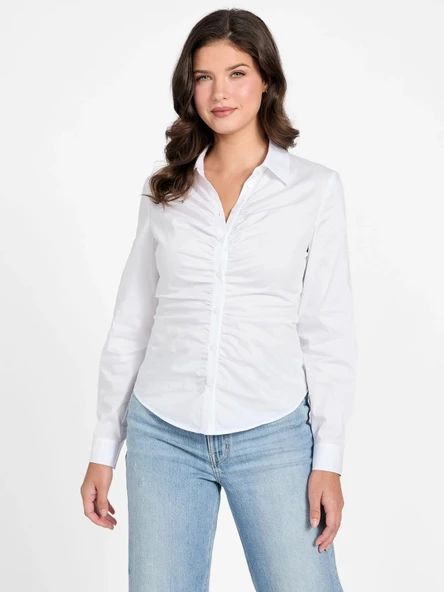 Guess Uzun Kollu Emily Büzgülü Poplin Kadın Beyaz Gömlek W6RH85W1LU1-G011 ürün görseli 1