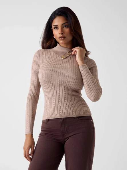 Guess Uzun Kollu Balıkçı Yaka Priscilla Saç Örgü Fitilli Triko Kadın Bej Triko W6RR07Z2YK2-A10L ürün görseli 1
