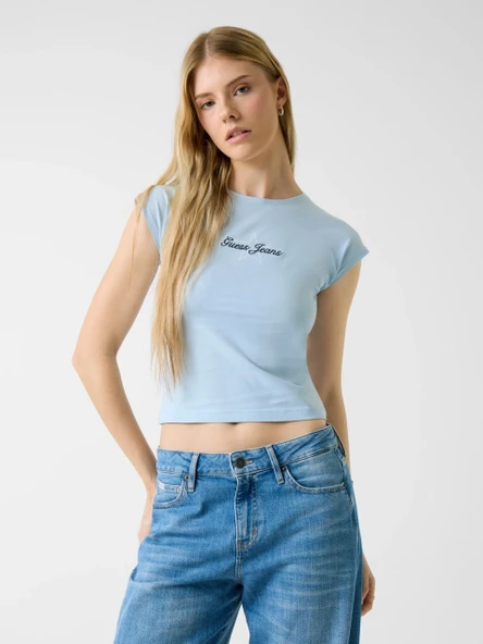 Guess GJ Kısa Kollu Reglan Yıldızlı Baby Kadın Mavi Crop W6RI21J1314-G7O3 ürün görseli 1