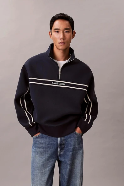 Calvin Klein Uzun Kollu Pamuklu Spacer Çizgili Fitilli Yarım Fermuarlı Erkek Lacivert Sweatshirt LV04RE221G-CEF ürün görseli 1