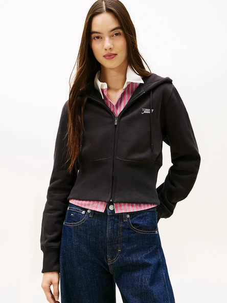 Tommy Hilfiger TJW Normal Kesim Gümüş Yazılı Boydan Fermuarlı Kadın Siyah Sweatshirt DW0DW21943BDS ürün görseli 1