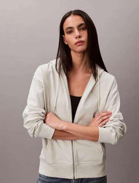 Calvin Klein Uzun Kollu Kabartma Monologo Havlu Kumaş Tam Fermuarlı Kapüşonlu Kadın Gri Sweatshirt LV047F205G-P4P ürün görseli 1