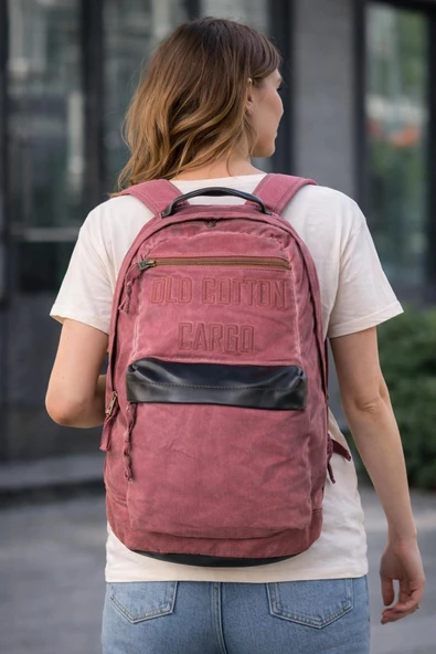 Old Cotton Cargo Sırt Çantası Kanvas Kumaş Unisex Günlük Okul Seyahat Laptop Çantası Fuşya ürün görseli 1