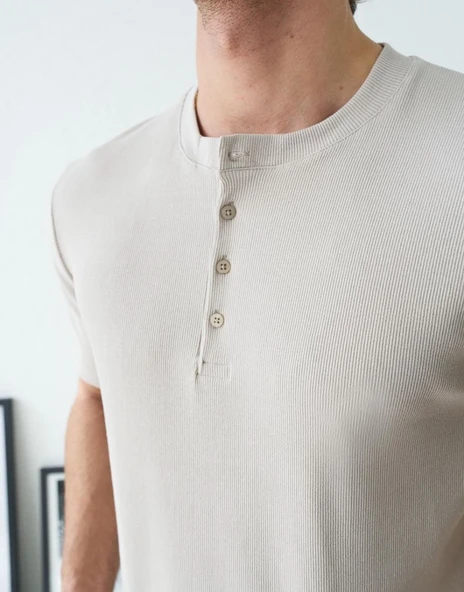 Erkek Taş Fitilli Henley Yaka Basic Tişört - Resim 2