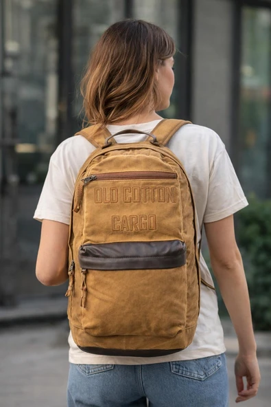 Old Cotton Cargo Sırt Çantası Kanvas Kumaş Unisex Günlük Okul Seyahat Laptop Çantası hardal ürün görseli 1