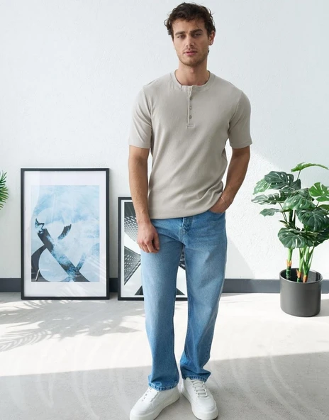 Erkek Taş Fitilli Henley Yaka Basic Tişört - Resim 4
