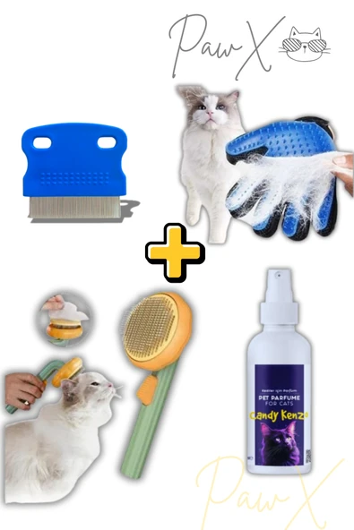 4lü Kedi Bakım Parfüm Tarak Seti | Tarak Eldiven Parfüm Pire Tarağı ürün görseli 1