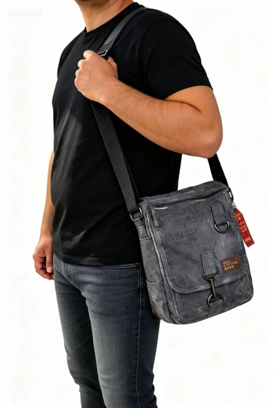 Old Cotton Bags Omuz Çantası Kanvas Kumaş Çapraz Askılı Unisex Günlük Kullanım Çantası Gri ürün görseli 1