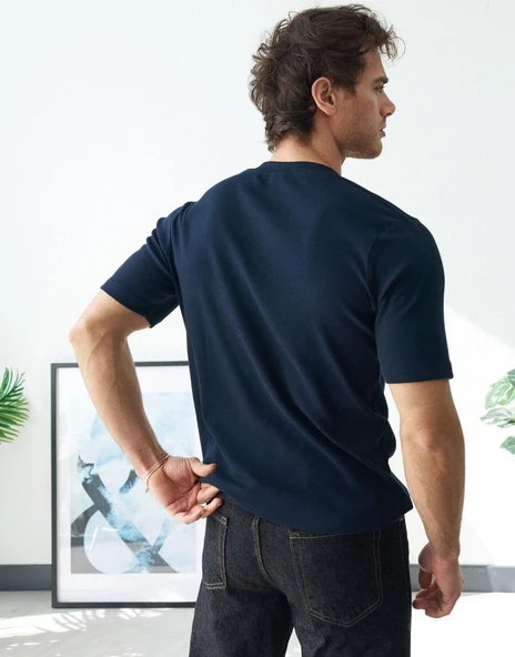 Erkek Lacivert Fitilli Henley Yaka Basic Tişört - Resim 3