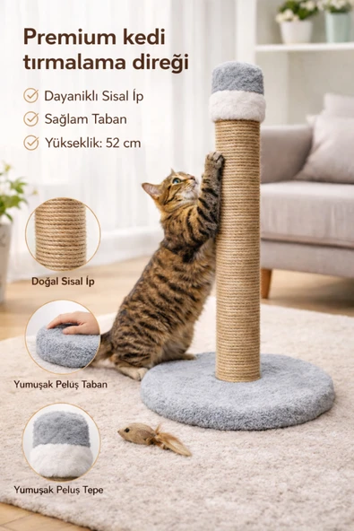 Kedi Tırmalama Tahtası Açık Gri 52 cm Premium | Doğal Sisal İp | Yuvarlak Taban ürün görseli 1