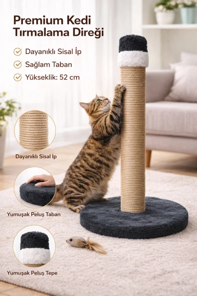 Kedi Tırmalama Tahtası Direği 52 cm Premium | Doğal Sisal İp | Yuvarlak Kaymaz Peluş Taban ürün görseli 1