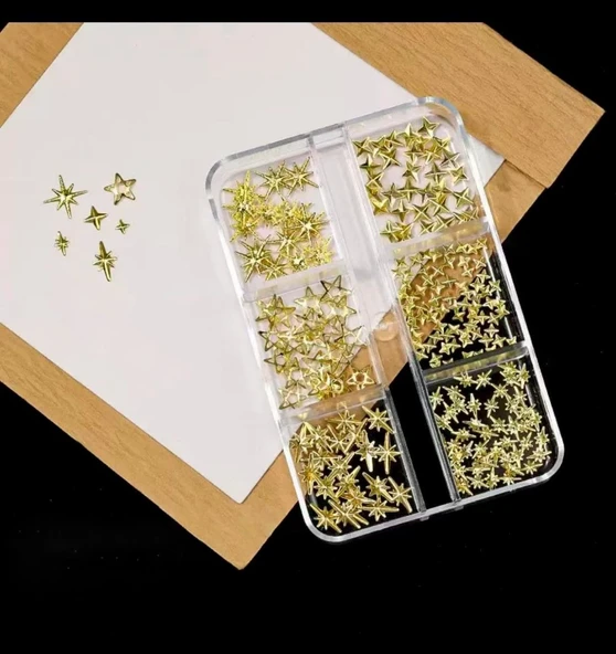 Yıldız ve Kuzey Yıldızı Dizayn 6 Grit Metal Tırnak Süsleme Charm Gold Nail Art Charm Taşları WN-528 ürün görseli 1