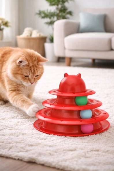 3 Katlı Hareketli Toplu Kedi Oyuncağı Kırmızı – Sıkılmayı Önleyen, Evde Enerji Atıcı Oyuncak ürün görseli 1