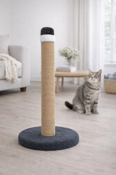 Kedi Tırmalama Tahtası 52 cm Kalın Halatlı Geniş Peluş Taban Dayanıklı Tırmalama Direği Antrasit ürün görseli 1