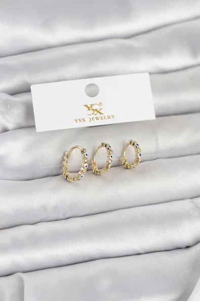 Pirinç Gold Renk Nazarlı Model 3'lü Kadın Küpe - TJ-BKP11711 ürün görseli 1