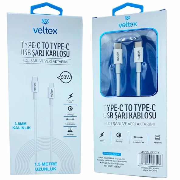 Norino 1.5 Metre PD 60W Type-C To Type-C Hızlı USB Kablo 3.8MM Kalınlık Veltex VTX-071 ürün görseli 1