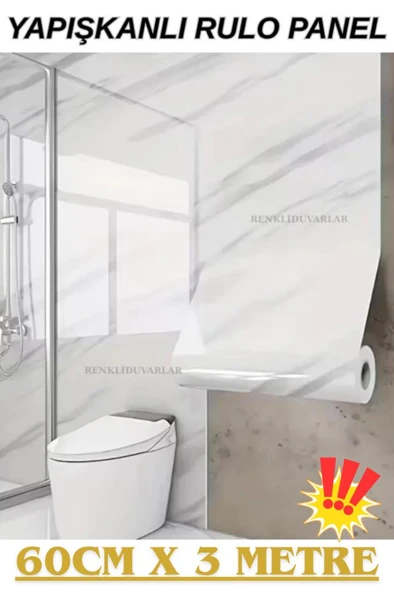60cm x 3 Metre Tek Parça Rulo Shiny Beyaz Mermer Desenli Banvo Salon Yapışkanlı Duvar Paneli Kağıdı ürün görseli 1