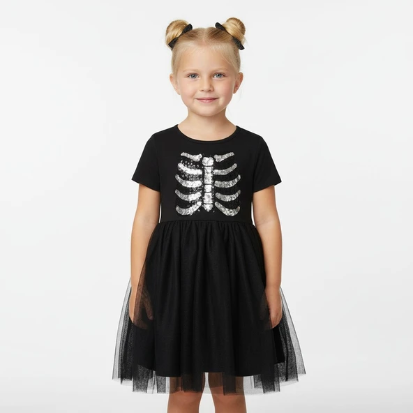 Önü Pullu Tüllü Kız Çocuk Elbise - Resim 4