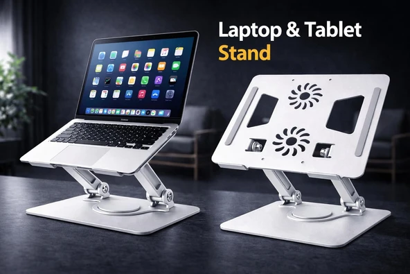 AYARLANABİLİR ALÜMİNYUM LAPTOP VE TABLET STANDI 360 DÖNEBİLEN KAYMAZ YÜZEY ERGONOMİK YÜKSELTİCİ STAND ürün görseli 1