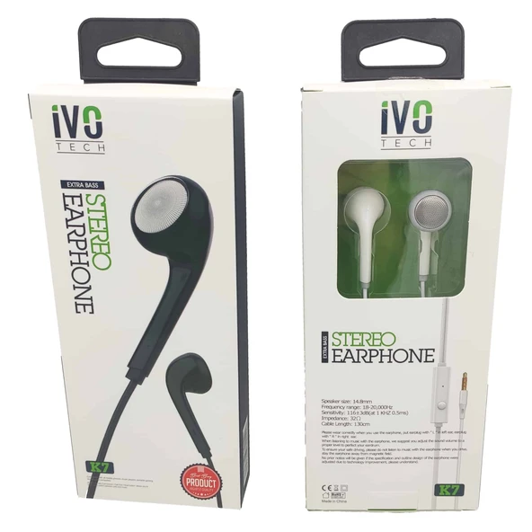 Norino Stereo Earphone Kablolu Kulaklık (Siyah Beyaz) İvotech  K7 ürün görseli 1