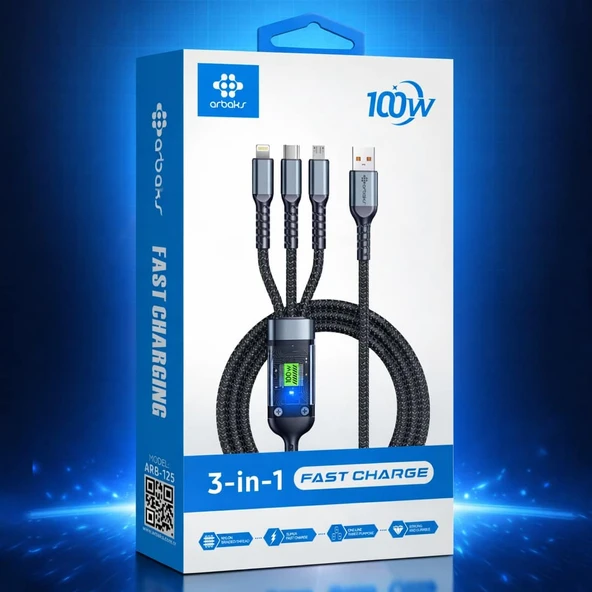 Norino Arbaks ARB-125 3’ü 1 Arada 100W Hızlı Şarj Kablosu – Type-C, Lightning, Micro USB, LED Ekranlı, Örgülü Dayanıklı Tasarım ürün görseli 1