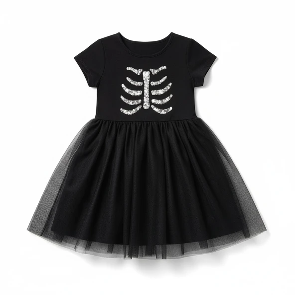 Önü Pullu Tüllü Kız Çocuk Elbise - Resim 2