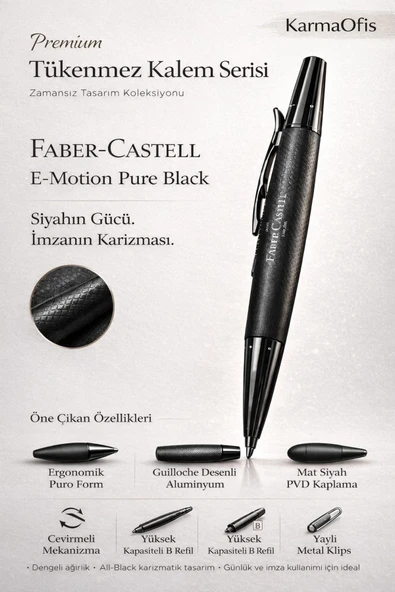 Faber-Castell E-Motion Pure Black Premium Tükenmez Kalem | Metal Gövde, Mat Siyah PVD ürün görseli 1