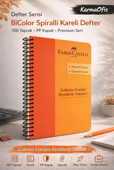 Turuncu 100 Yaprak Spiralli BiColor Kareli Defter PP Kapak | Dayanıklı, Premium Defter ürün görseli 1