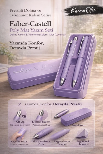 Faber-Castell Poly Mat Yazım Seti Mor (Lavanta) | Dolma Kalem & XB Tükenmez Kalem + Metal Kutu ürün görseli 1