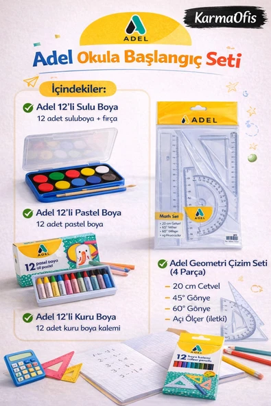 Okula Başlangıç Seti – 12’li Sulu Boya, Kuru Boya, Pastel Boya ve Geometri Çizim Seti ürün görseli 1