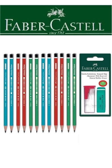 Faber-Castell 12'li Mercanlı Kurşun Kalem ve Kutulu Kalemtıraş+Silgi Seti Blister ürün görseli 1
