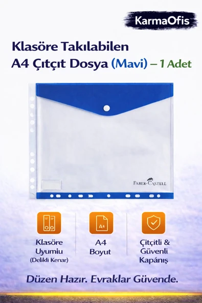 Mavi A4 Çıtçıt Dosya Klasöre Takılabilen – 1 Adet | Saydam, Delikli, Güvenli Dosyalama ürün görseli 1