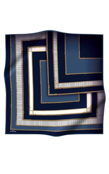 % 57 İPEK % 43 VİSKON Twill İpek Zincir Detaylı Geometrik Desenli Lacivert - İndigo Renkli 90x90 Eşarp Dikim Şekli : El Dikişi ürün görseli 1