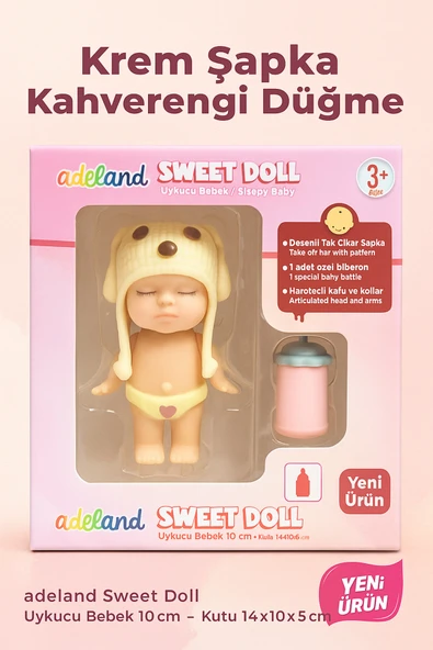 Adeland Sweet Doll Uykucu Bebek 10 cm – Kutu 14×10×5 cm (Krem Şapka - Kahverengi Düğme) ürün görseli 1