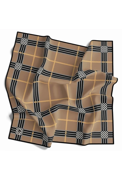 Twill Ekose Desenli Bej Renkli 90x90 Eşarp (İpek İçermez) Kenar Dikiş Şekli El Dikişli ürün görseli 1