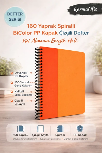 Turuncu 160 Yaprak Spiralli Defter BiColor PP Kapak Çizgili A4 Okul & Ofis Defteri ürün görseli 1