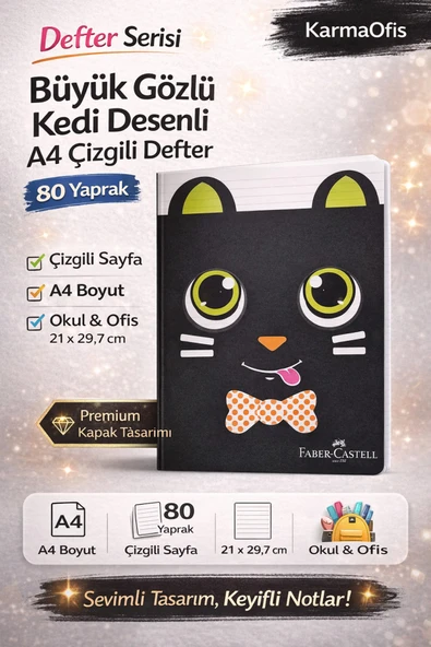 Kedi Desenli A4 Çizgili Defter 80 Yaprak 1 Adet–Siyah Büyük Gözlü Tasarım ürün görseli 1