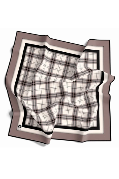 Twill Ekose Desenli Bej Renkli 90x90 Eşarp (İpek İçermez) Kenar Dikiş Şekli El Dikişli ürün görseli 1