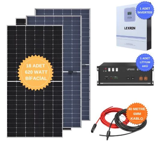 Lexron 11kW HV 2xMPPT Akıllı İnverter 48V Solar Paket | UP5000 Akü, ALFA 620W Bifacial Güneş Paneli, 6mm Kablo, Nakliye ürün görseli 1