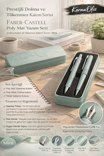 Faber-Castell Poly Mat Yazım Seti Mint | Dolma Kalem & XB Tükenmez Kalem + Metal Kutu ürün görseli 1