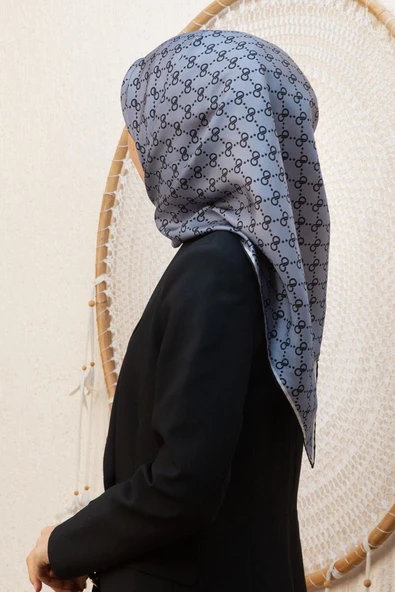 %100 Twill İpek Geometrik Desenli Siyah - Gri Renkli 90x90 Eşarp Dikim Şekli : El Dikişi ürün görseli 1