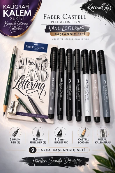 Faber-Castell Pitt Artist Pen Hand Lettering Seti 9 Parça Kaligrafi Kalem Brush Pen Fineliner ürün görseli 1