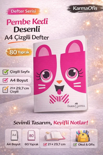 Kedi Desenli A4 Çizgili Defter 80 Yaprak 1 Adet – Pembe Kedi Tasarım ürün görseli 1