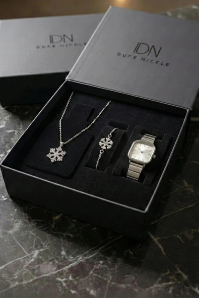 Kar Tanesi Figürlü Kolye ve Bileklikli Gümüş Metal Kordon Kadın Kol Saati Kutulu Hediye Seti  Silver ürün görseli 1